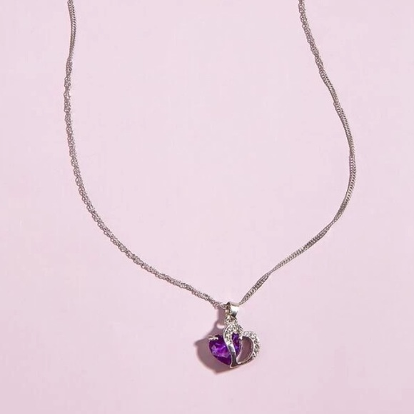 Double Heart Purple Jewel Crystal Bling & Silver Heart Charm Pendant Necklace - Picture 4 of 4